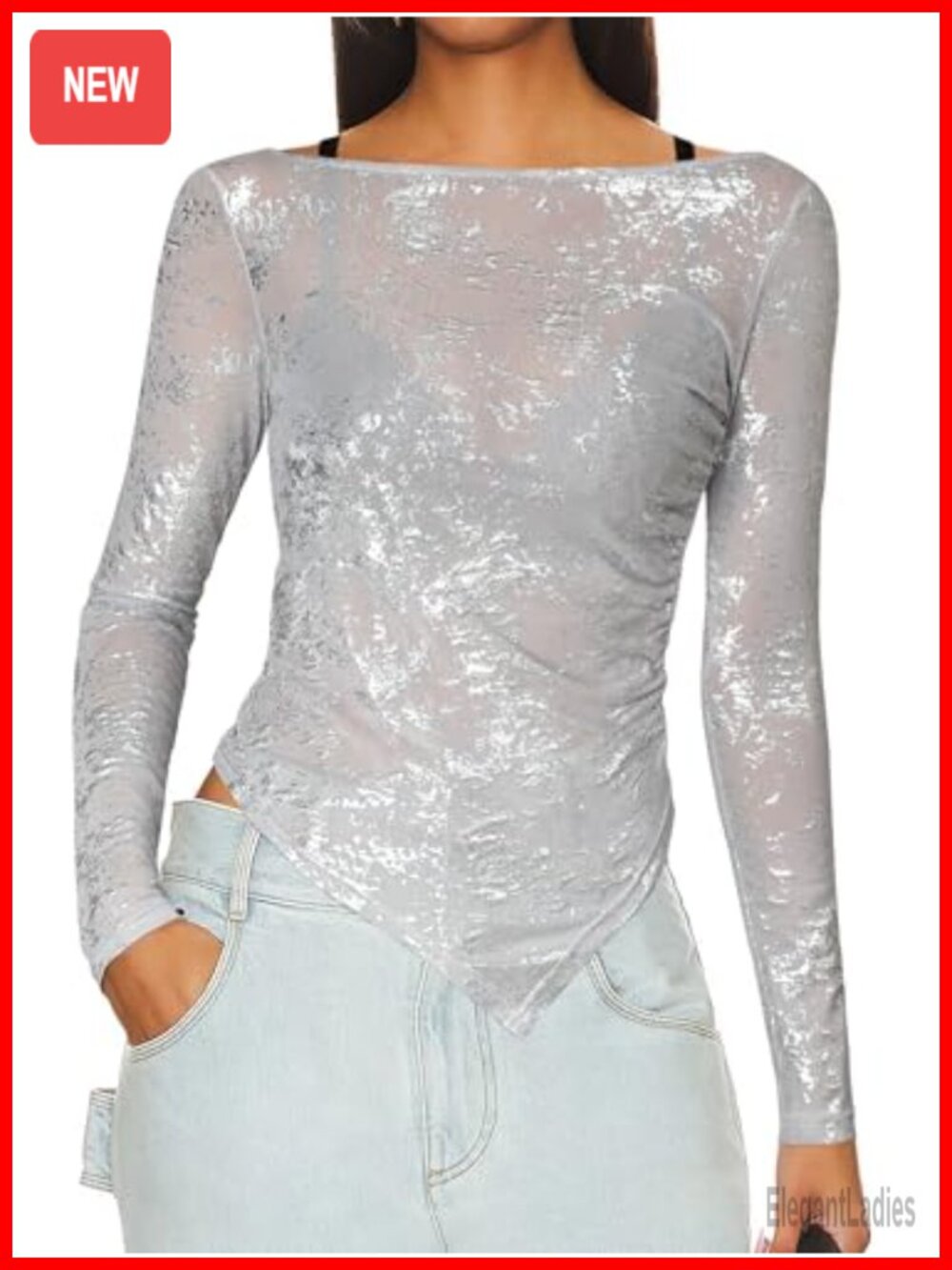 Women's Long Sleeve See Through Glitter Sparkly Tops Boat Neck